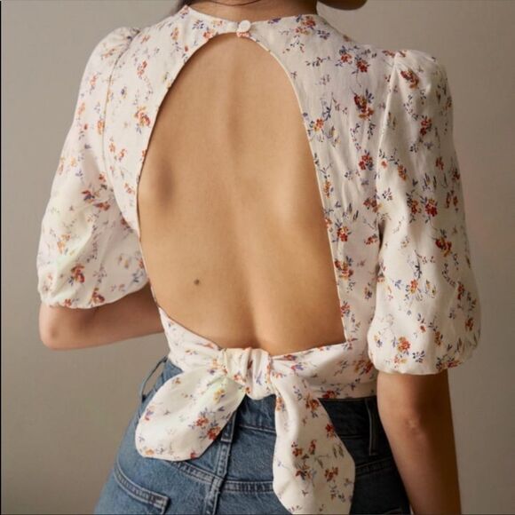 Reformation Seychelles White Linen Floral Top Gabrielle Size XL - Picture 2 of 7